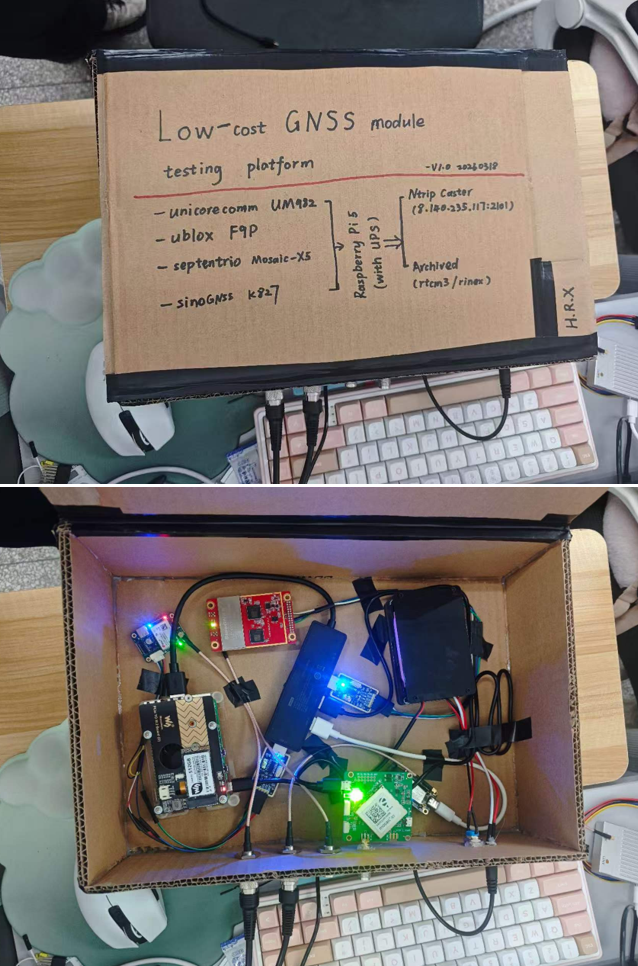 The first low-cost GNSS receiver prototype assembled in a cardboard enclosure